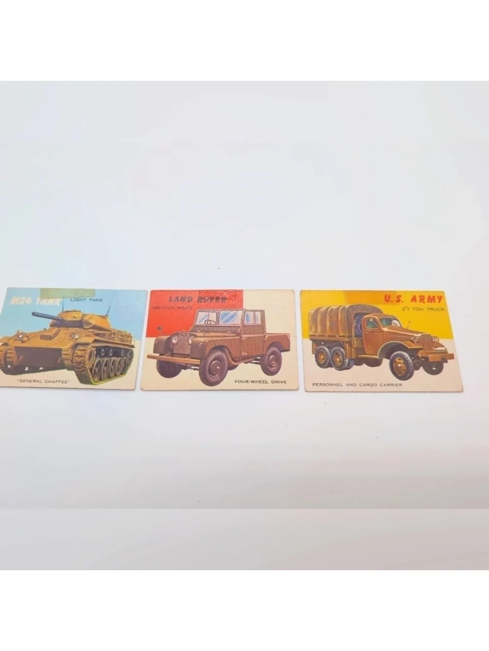 1954 Topps Car Card Set 3 Military Vehicles Land Rover, 2-1/2 Ton M 24 Tank